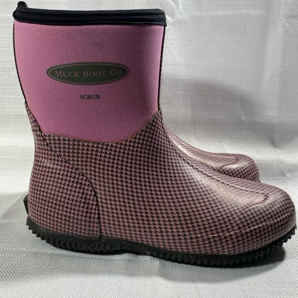 Muck Boot  Scrub Womens 9 9.5 Pink Houndstooth Neoprene Rubber  Mid Boots